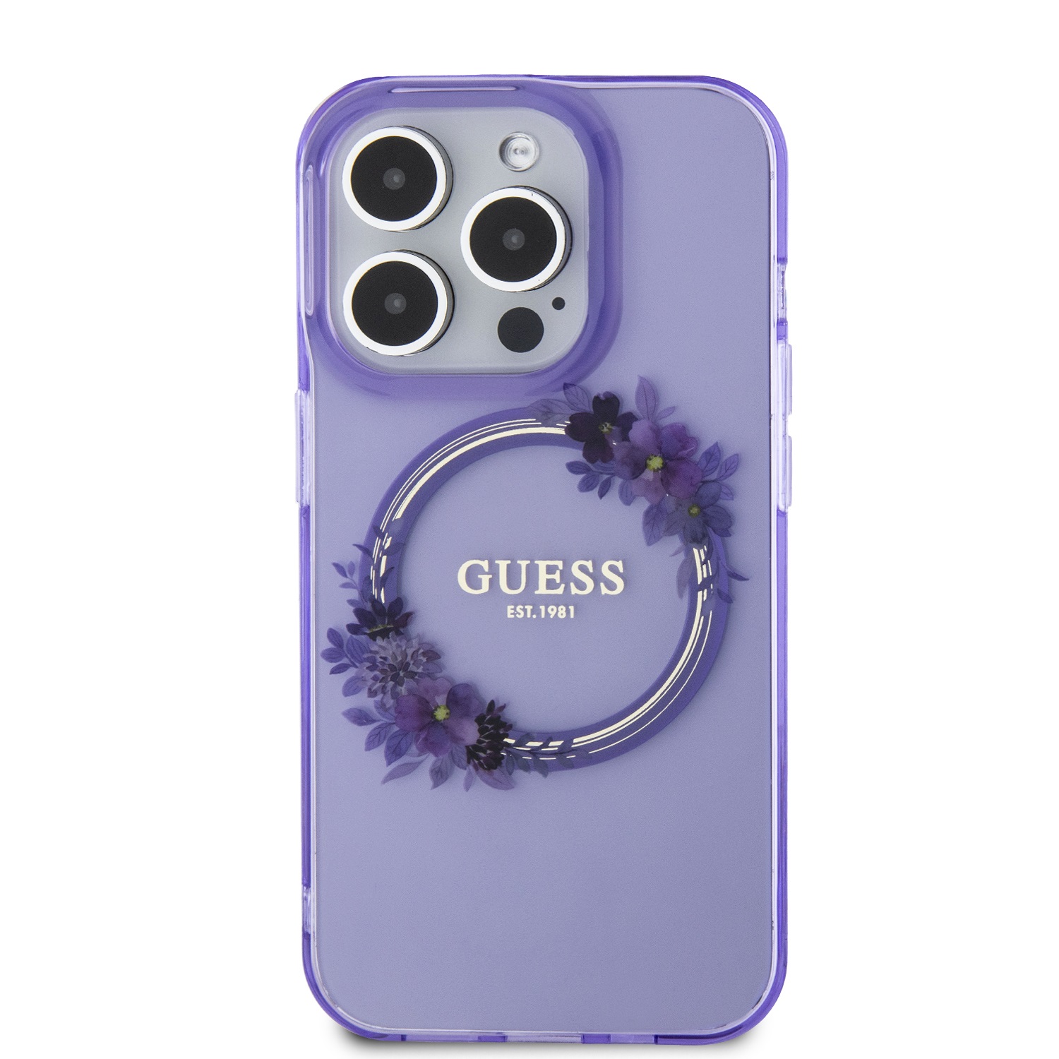 Guess PC/TPU Flowers Ring Glossy Logo MagSafe Zadní Kryt pro iPhone 15 Pro Purple
