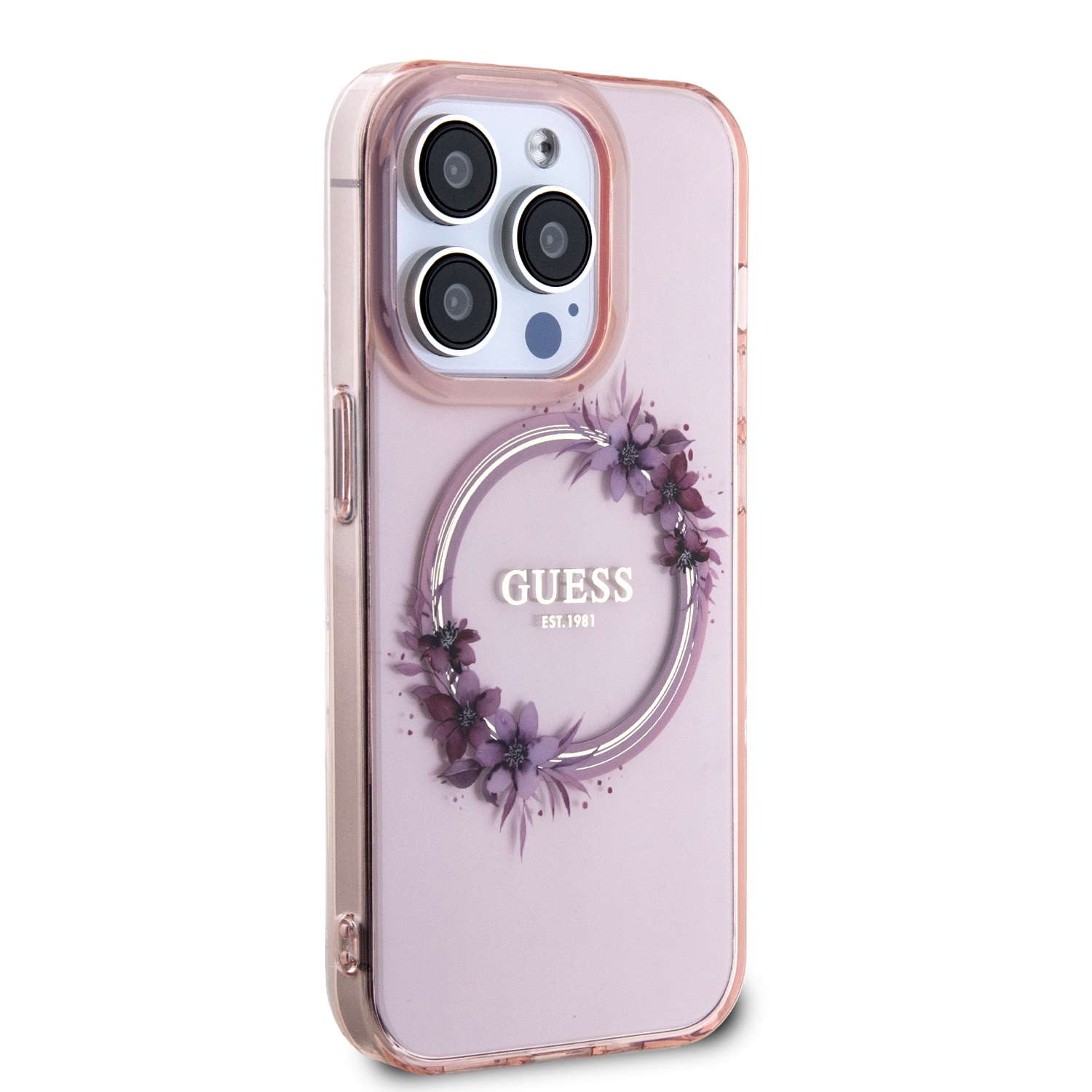 Levně Zadní kryt Guess PC/TPU Flowers Ring Glossy Logo MagSafe pro Apple iPhone 15 Pro, růžová