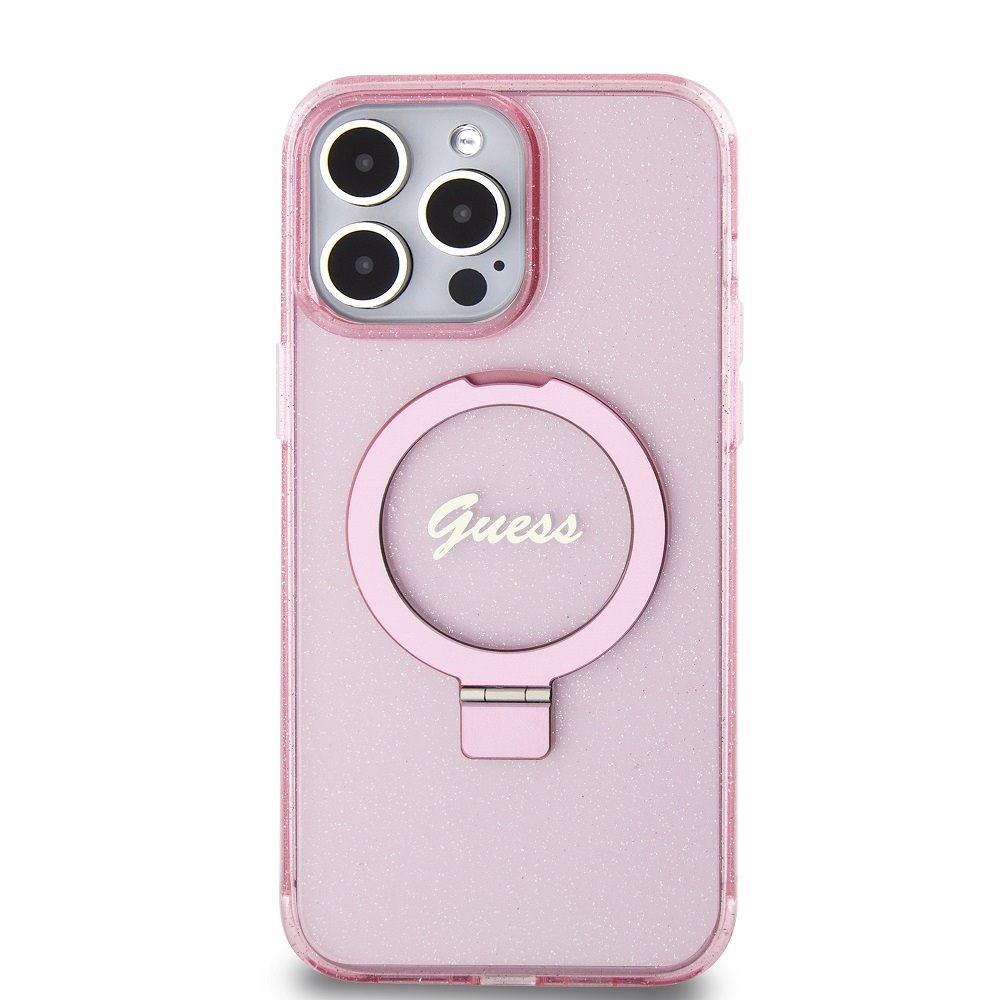 Guess IML Ring Stand Glitter MagSafe Zadní Kryt pro iPhone 15 Pro Max Pink