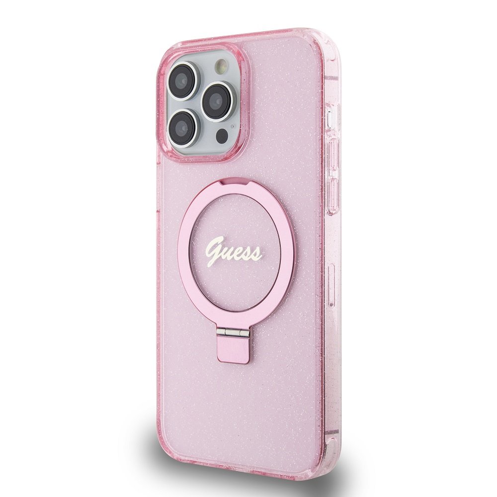 Guess IML Ring Stand Glitter MagSafe Zadní Kryt pro iPhone 15 Pro Pink