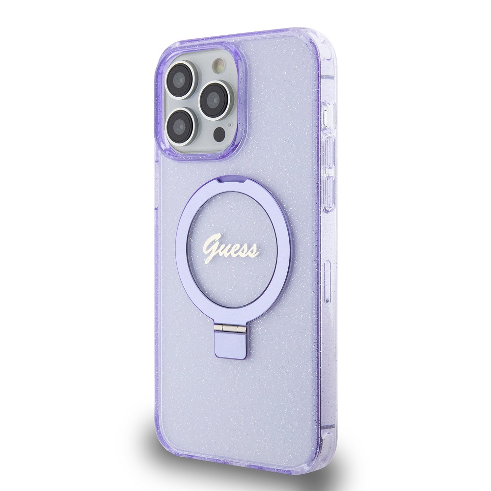 Guess IML Ring Stand Glitter MagSafe Zadní Kryt pro iPhone 15 Pro Max Purple