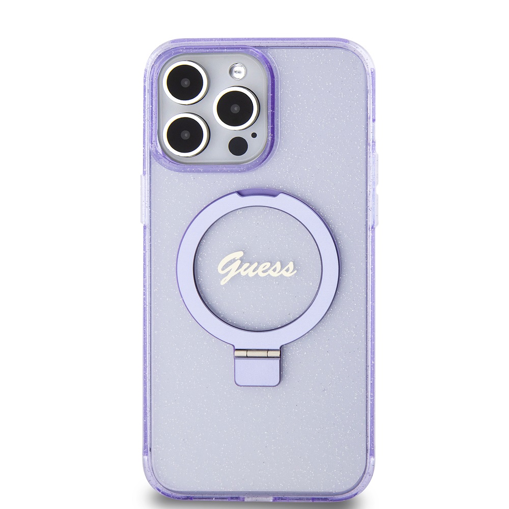 Guess IML Ring Stand Glitter MagSafe Zadní Kryt pro iPhone 15 Pro Max Purple
