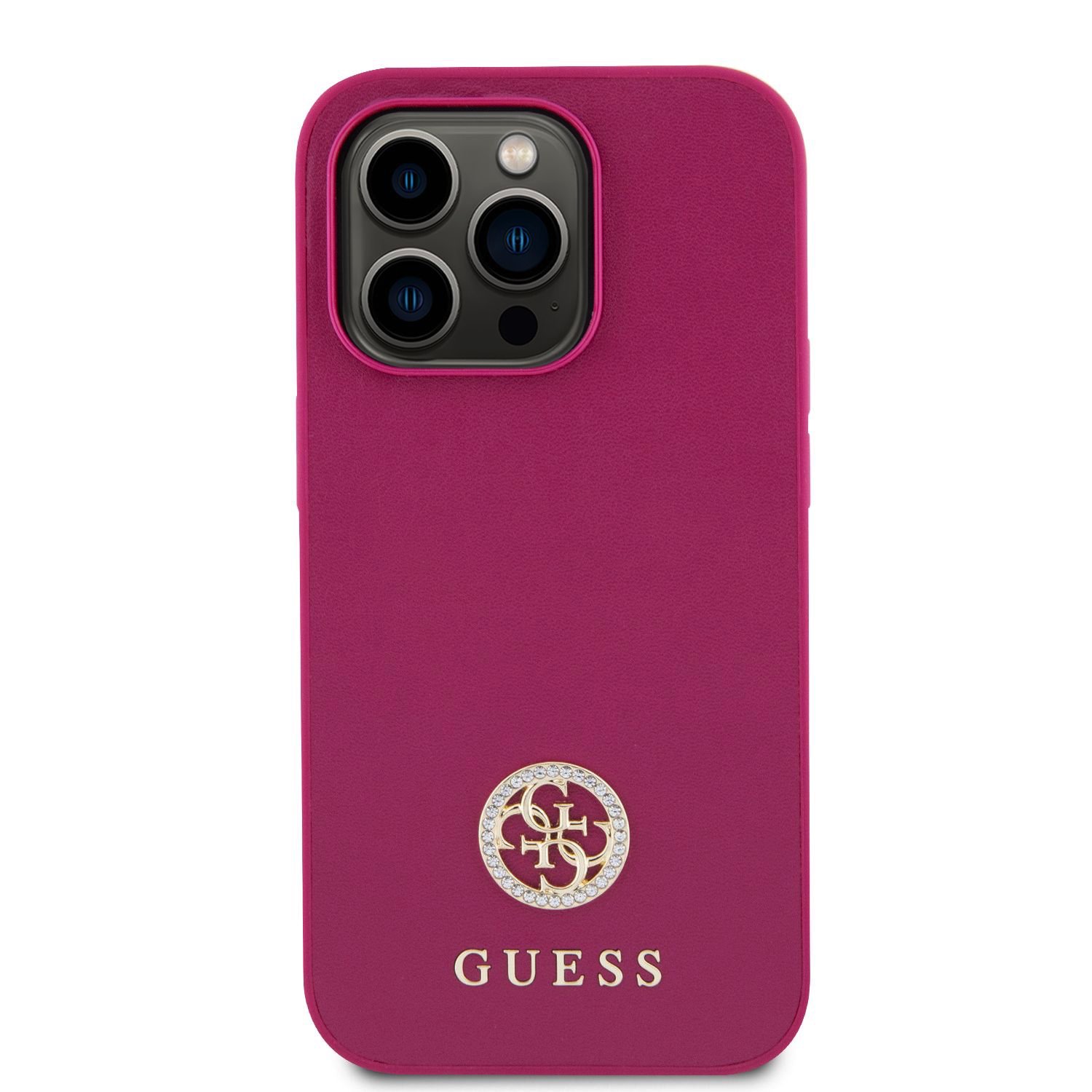 Guess PU 4G Strass Metal Logo Zadní Kryt pro iPhone 15 Pro Max Pink
