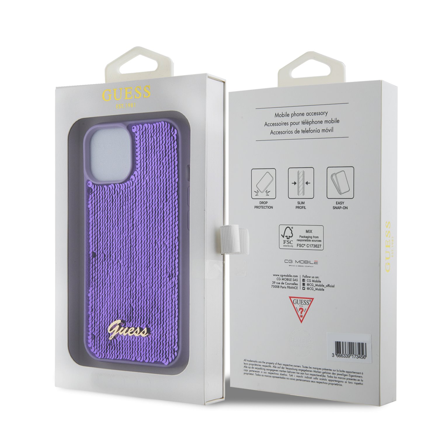 Guess Sequin Script Logo Zadní Kryt pro iPhone 15 Plus Purple