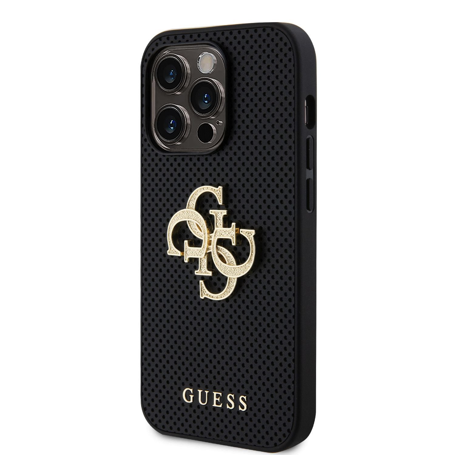 Zadní kryt Guess PU Perforated 4G Glitter Metal Logo pro Apple iPhone 14 Pro, černá