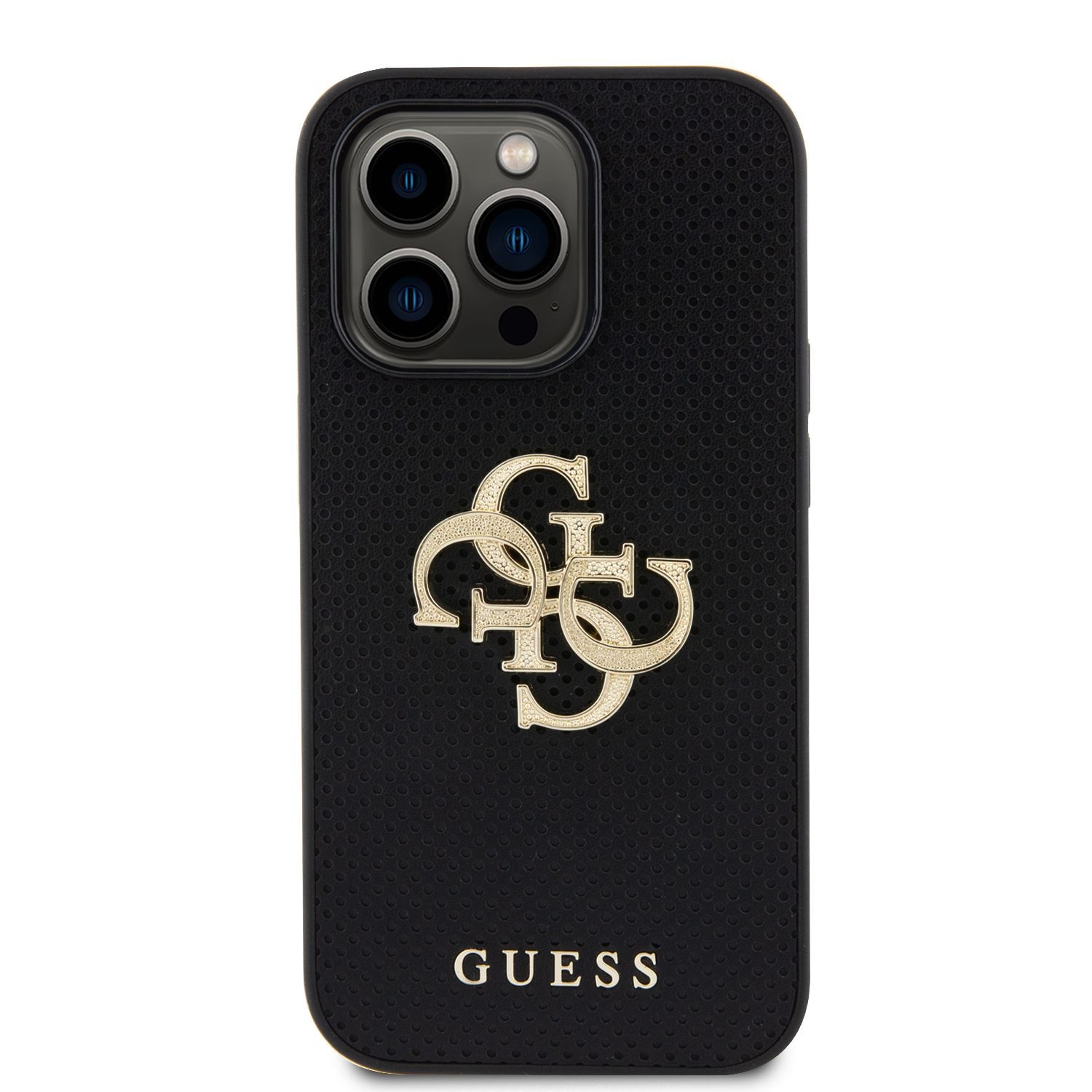 Guess PU Perforated 4G Glitter Metal Logo Zadní Kryt pro iPhone 14 Pro Black