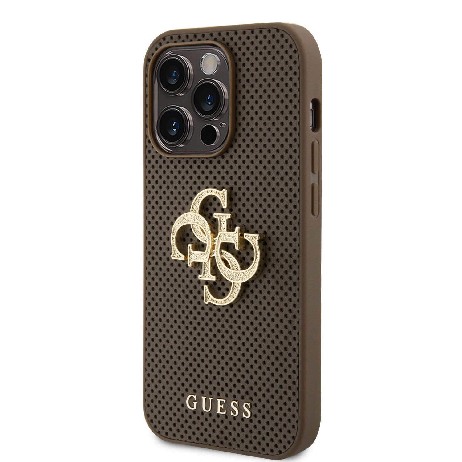 Zadní kryt Guess PU Perforated 4G Glitter Metal Logo pro Apple iPhone 15 Pro, taupe