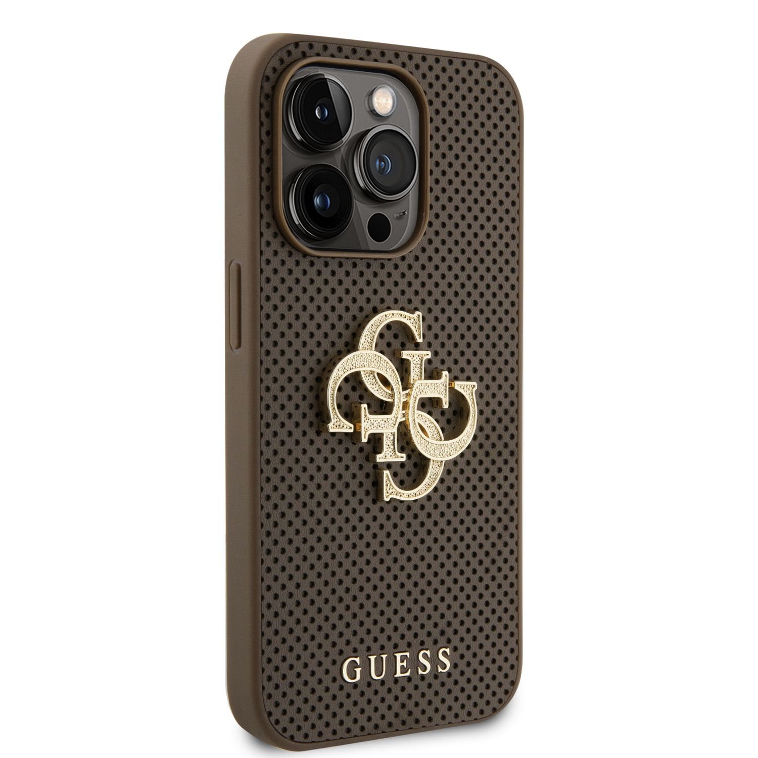 Guess PU Perforated 4G Glitter Metal Logo Zadní Kryt pro iPhone 15 Pro Taupe