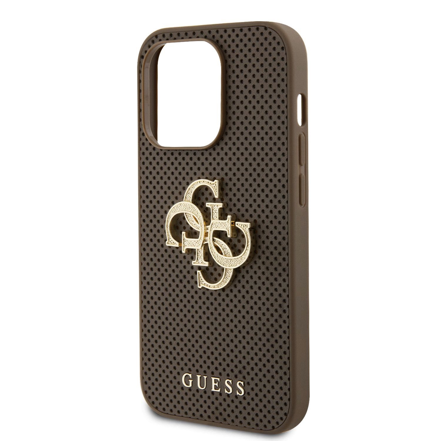Guess PU Perforated 4G Glitter Metal Logo Zadní Kryt pro iPhone 15 Pro Taupe