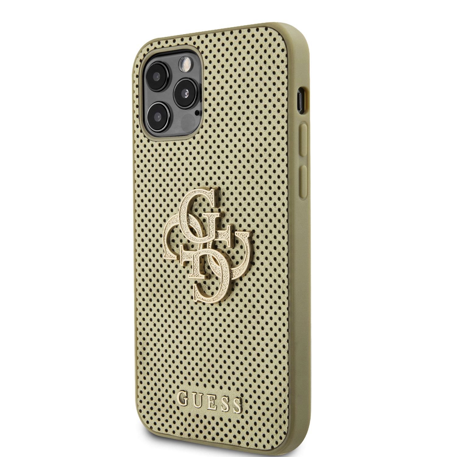 Levně Zadní kryt Guess PU Perforated 4G Glitter Metal Logo pro Apple iPhone 12/12 Pro, zlatá