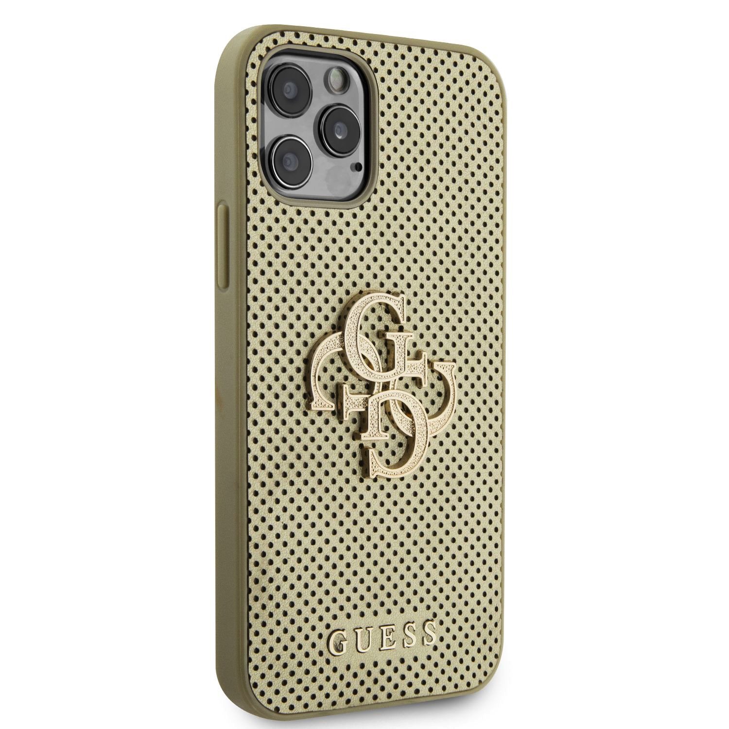 Guess PU Perforated 4G Glitter Metal Logo Zadní Kryt pro iPhone 12/12 Pro Gold