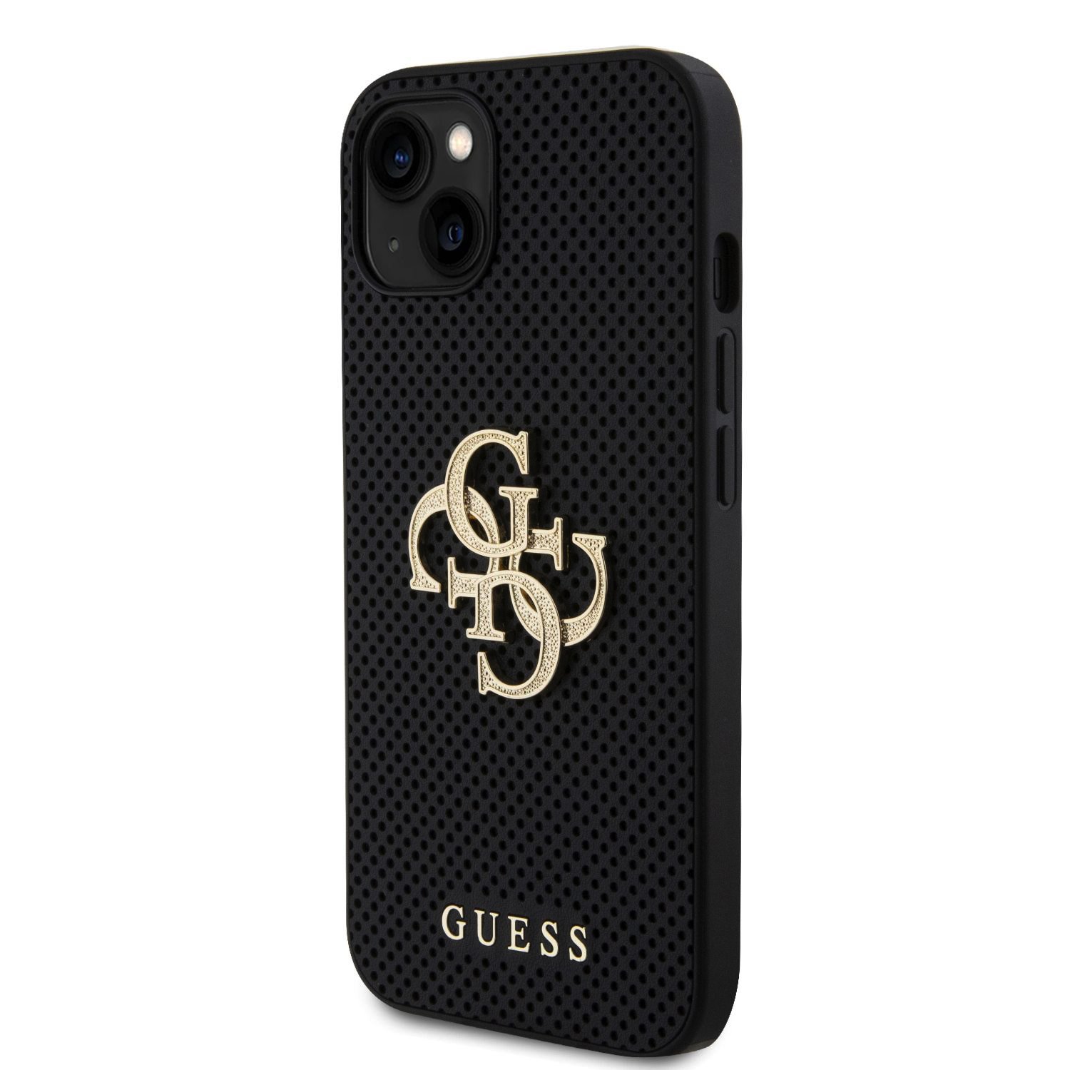 Zadní kryt Guess PU Perforated 4G Glitter Metal Logo pro Apple iPhone 15, černá