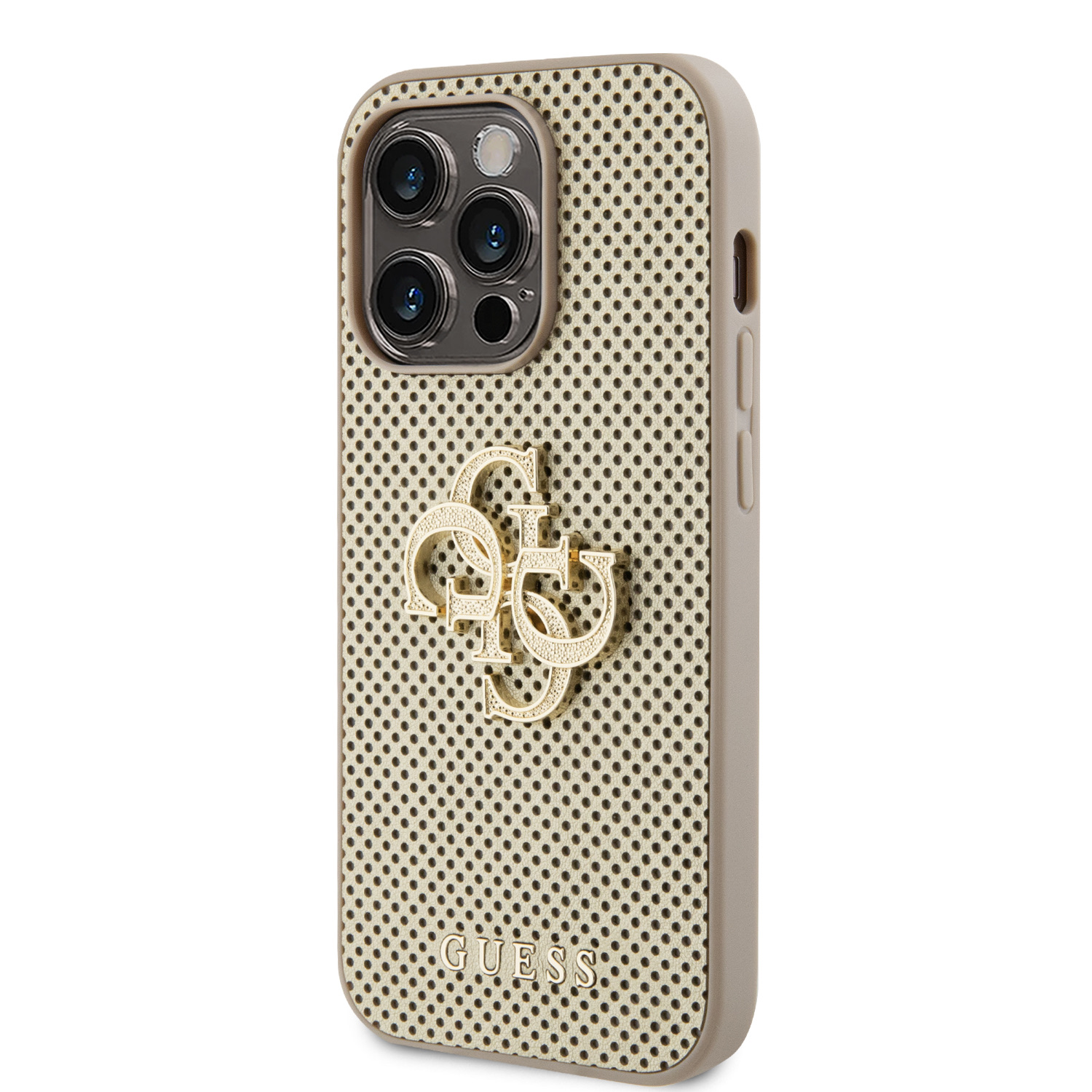 Levně Zadní kryt Guess PU Perforated 4G Glitter Metal Logo pro Apple iPhone 15 Pro Max, zlatá