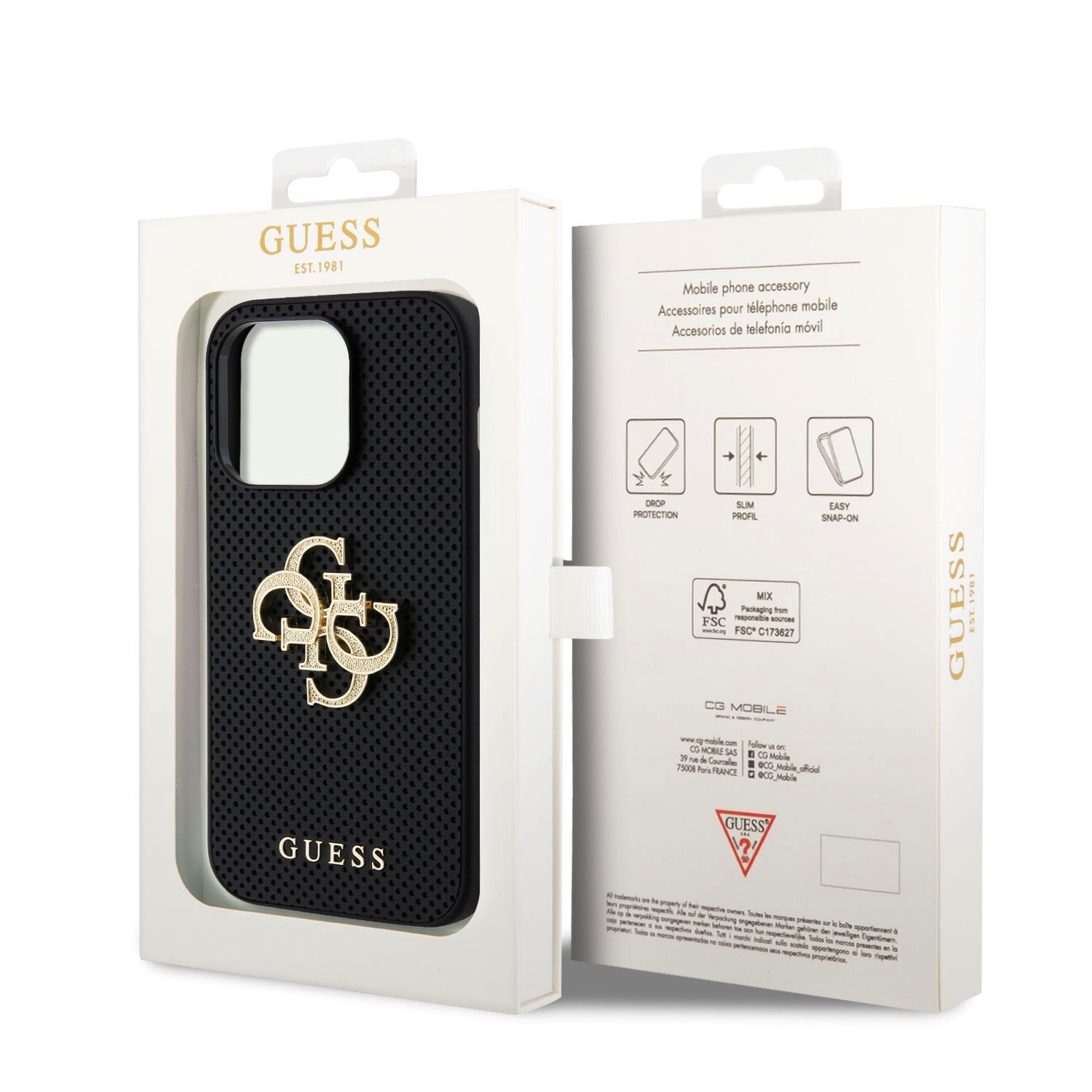 Guess PU Perforated 4G Glitter Metal Logo Zadní Kryt pro iPhone 15 Pro Black