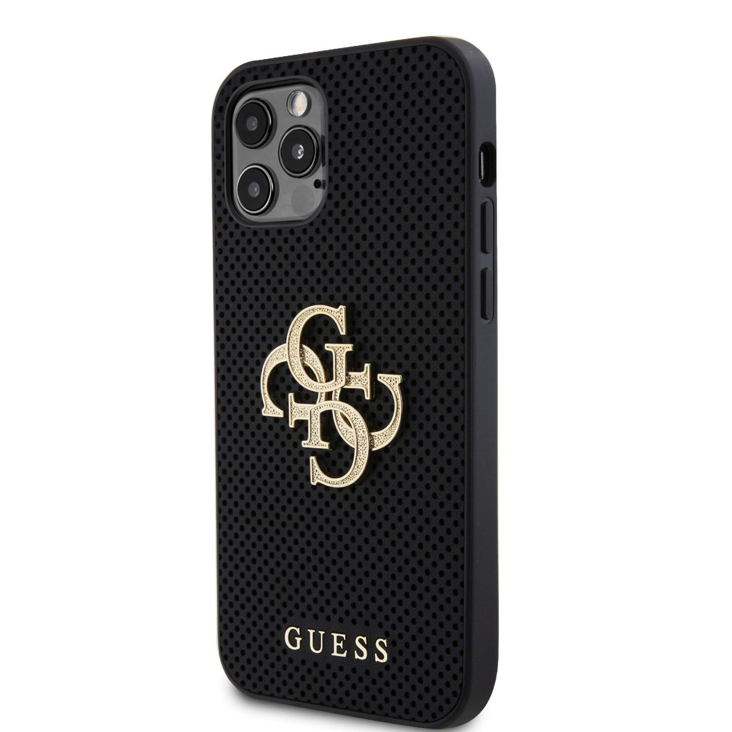Levně Zadní kryt Guess PU Perforated 4G Glitter Metal Logo pro Apple iPhone 12/12 Pro, černá
