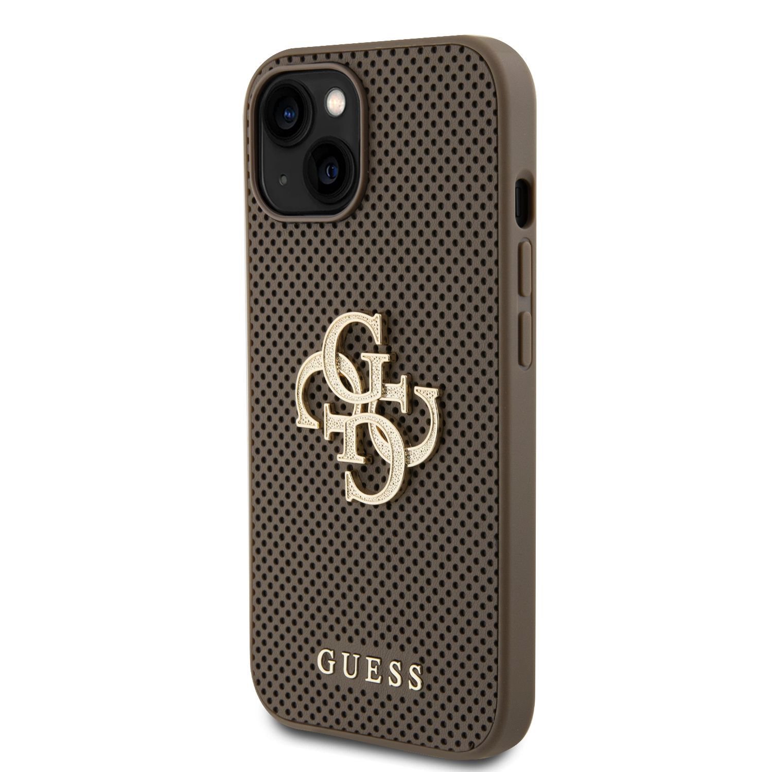 Guess PU Perforated 4G Glitter Metal Logo Zadní Kryt pro iPhone 15 Taupe