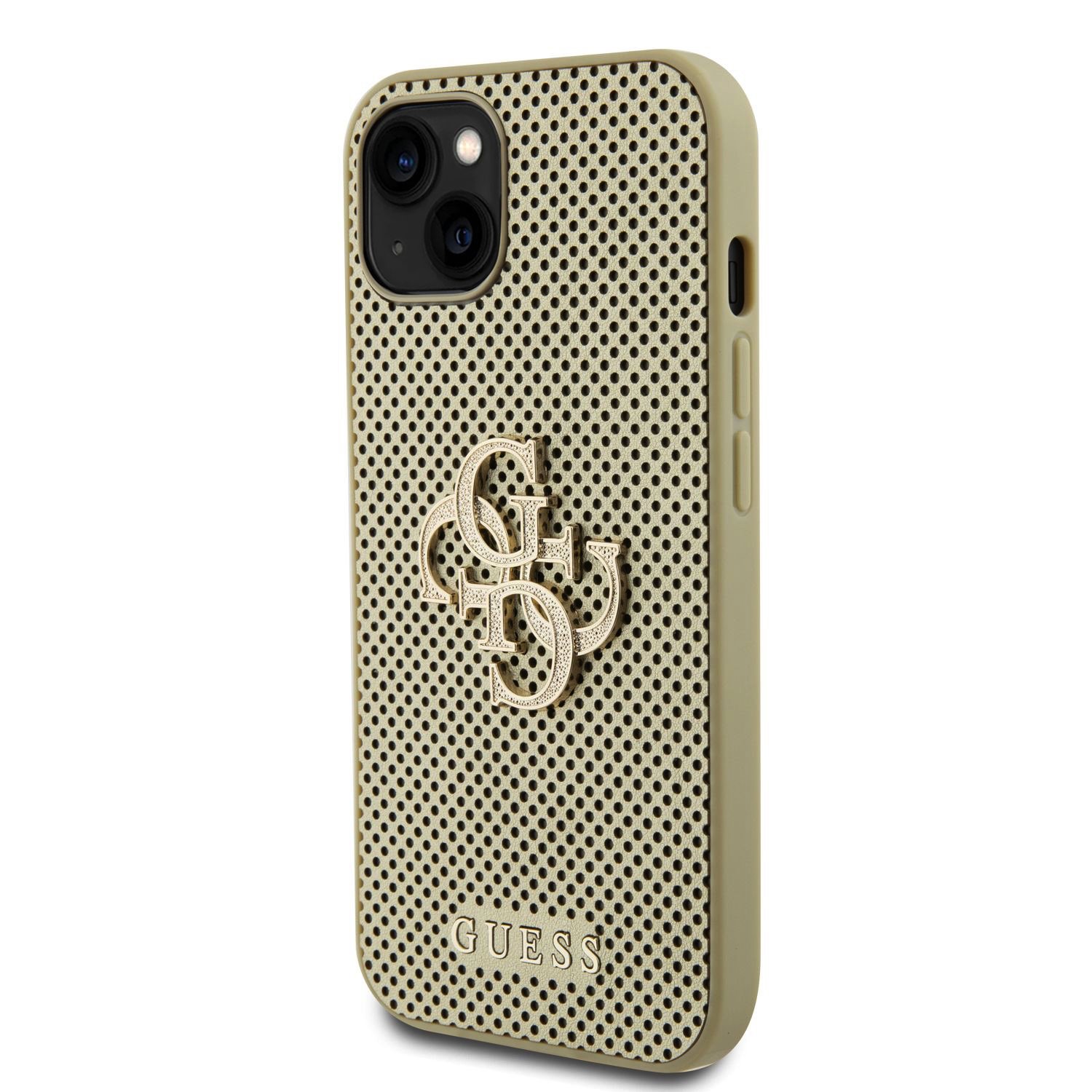Zadní kryt Guess PU Perforated 4G Glitter Metal Logo pro Apple iPhone 13, zlatá