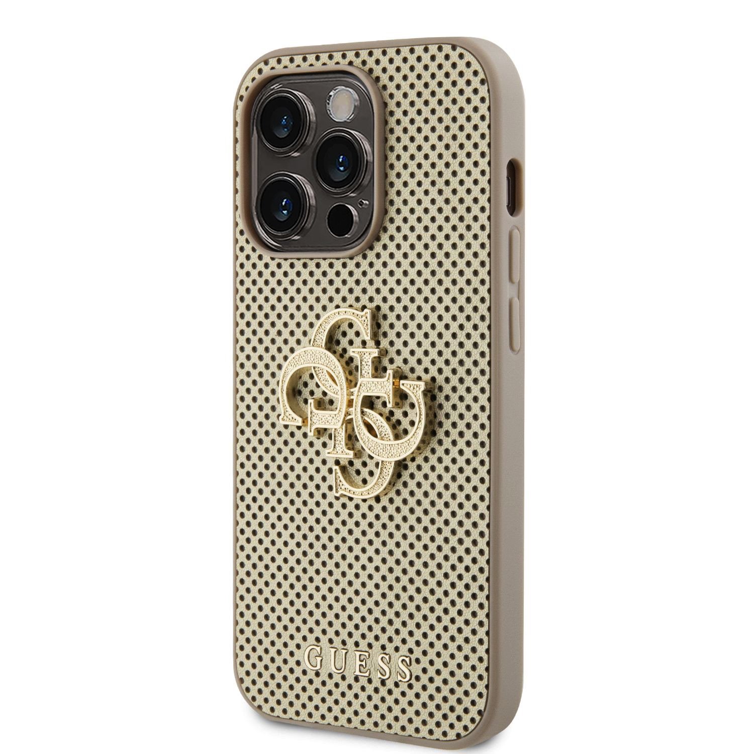 Zadní kryt Guess PU Perforated 4G Glitter Metal Logo pro Apple iPhone 14 Pro Max, zlatá