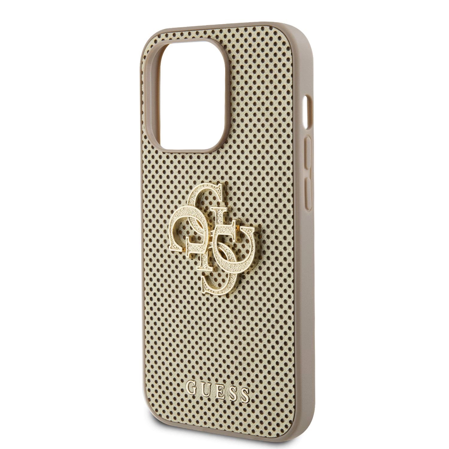 Guess PU Perforated 4G Glitter Metal Logo Zadní Kryt pro iPhone 14 Pro Max Gold