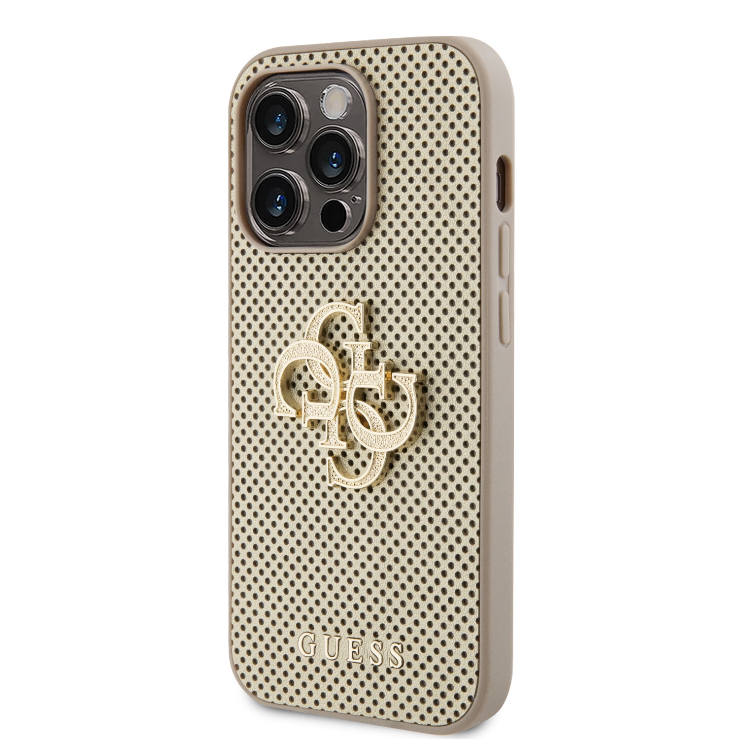 Levně Zadní kryt Guess PU Perforated 4G Glitter Metal Logo pro Apple iPhone 14 Pro, zlatá
