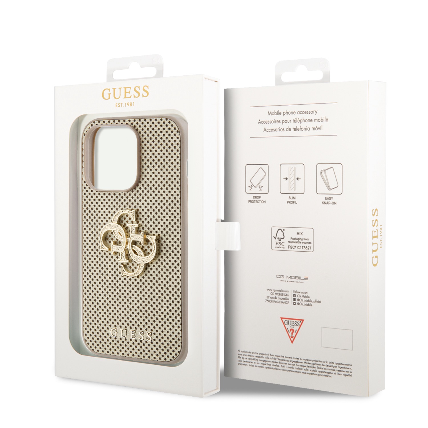 Guess PU Perforated 4G Glitter Metal Logo Zadní Kryt pro iPhone 14 Pro Gold