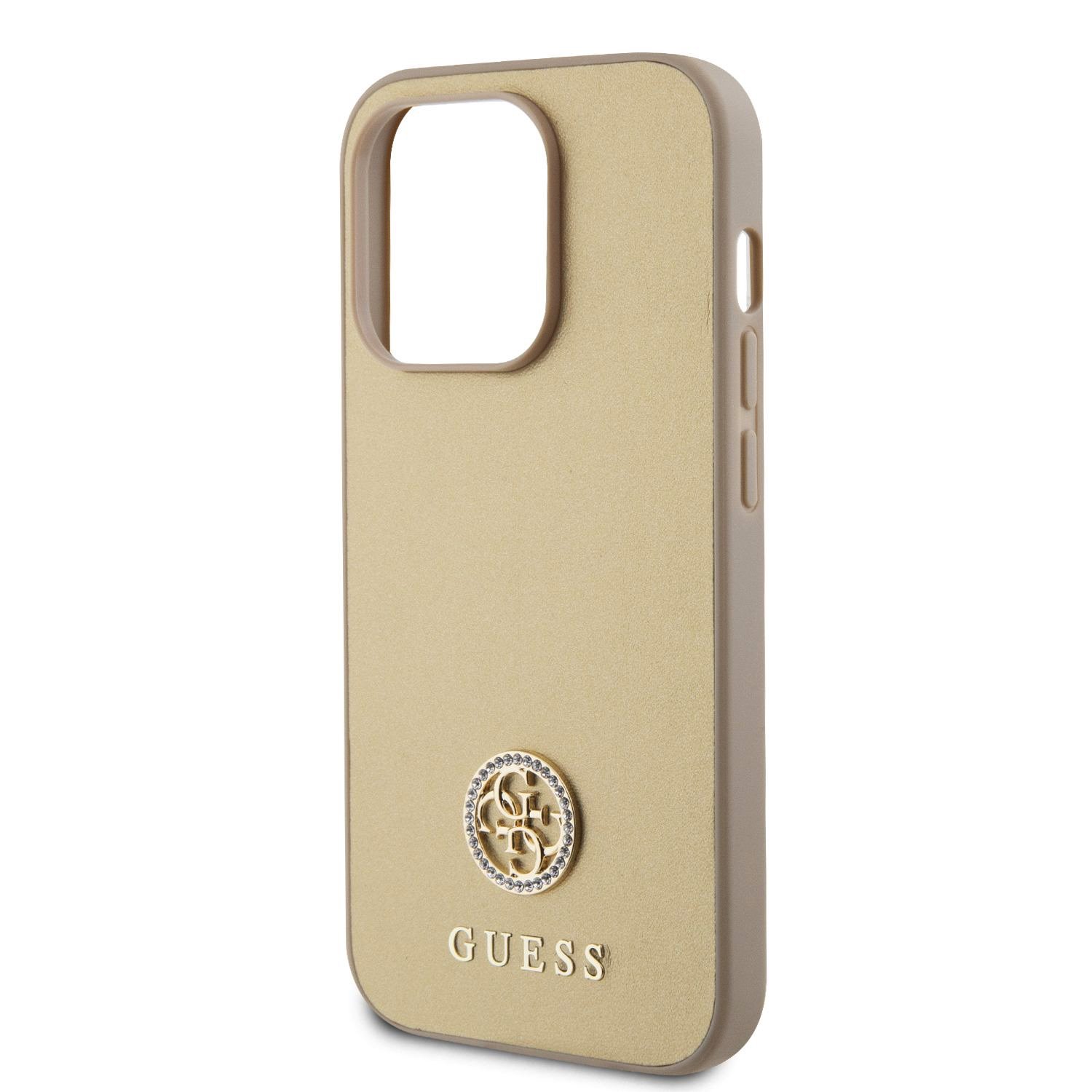 Guess PU 4G Strass Metal Logo Zadní Kryt pro iPhone 15 Pro Gold