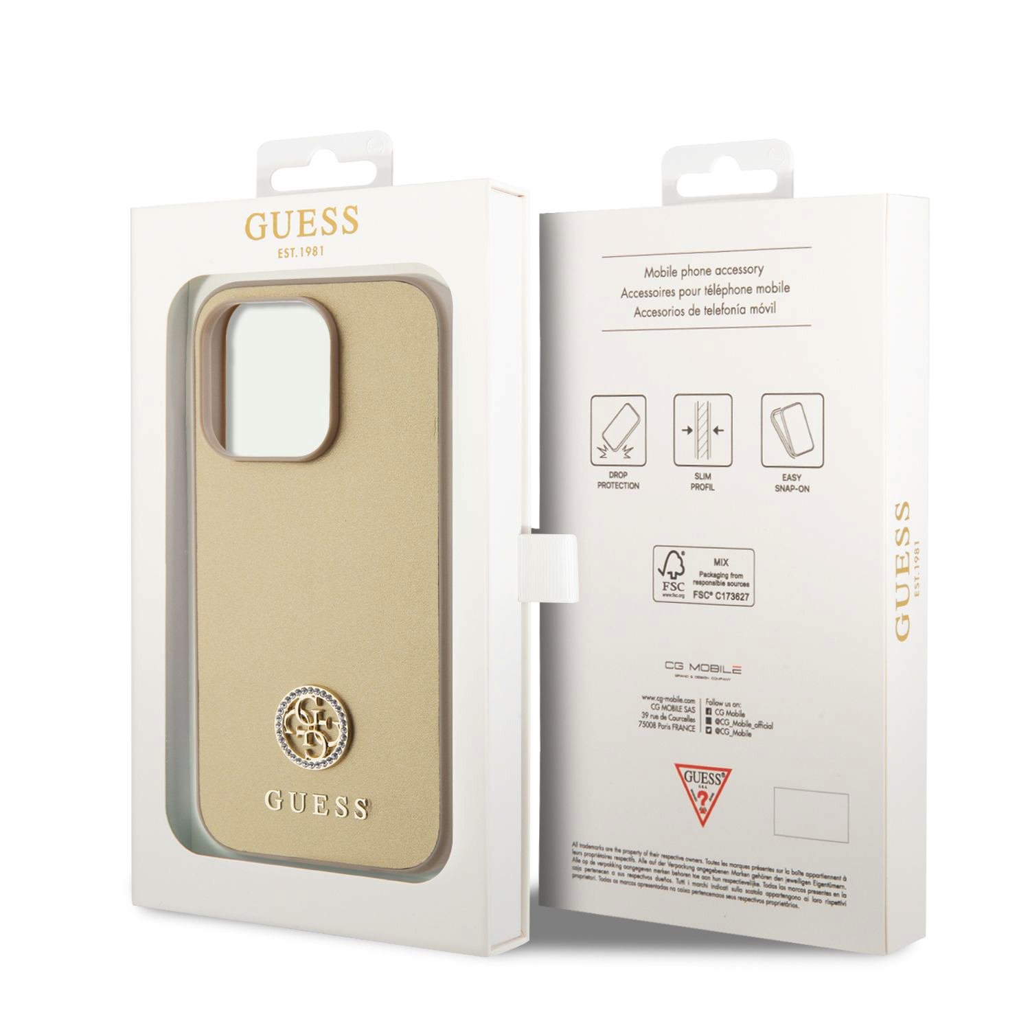 Guess PU 4G Strass Metal Logo Zadní Kryt pro iPhone 15 Pro Gold