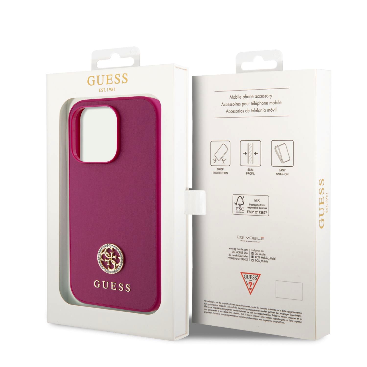Guess PU 4G Strass Metal Logo Zadní Kryt pro iPhone 15 Pro Pink