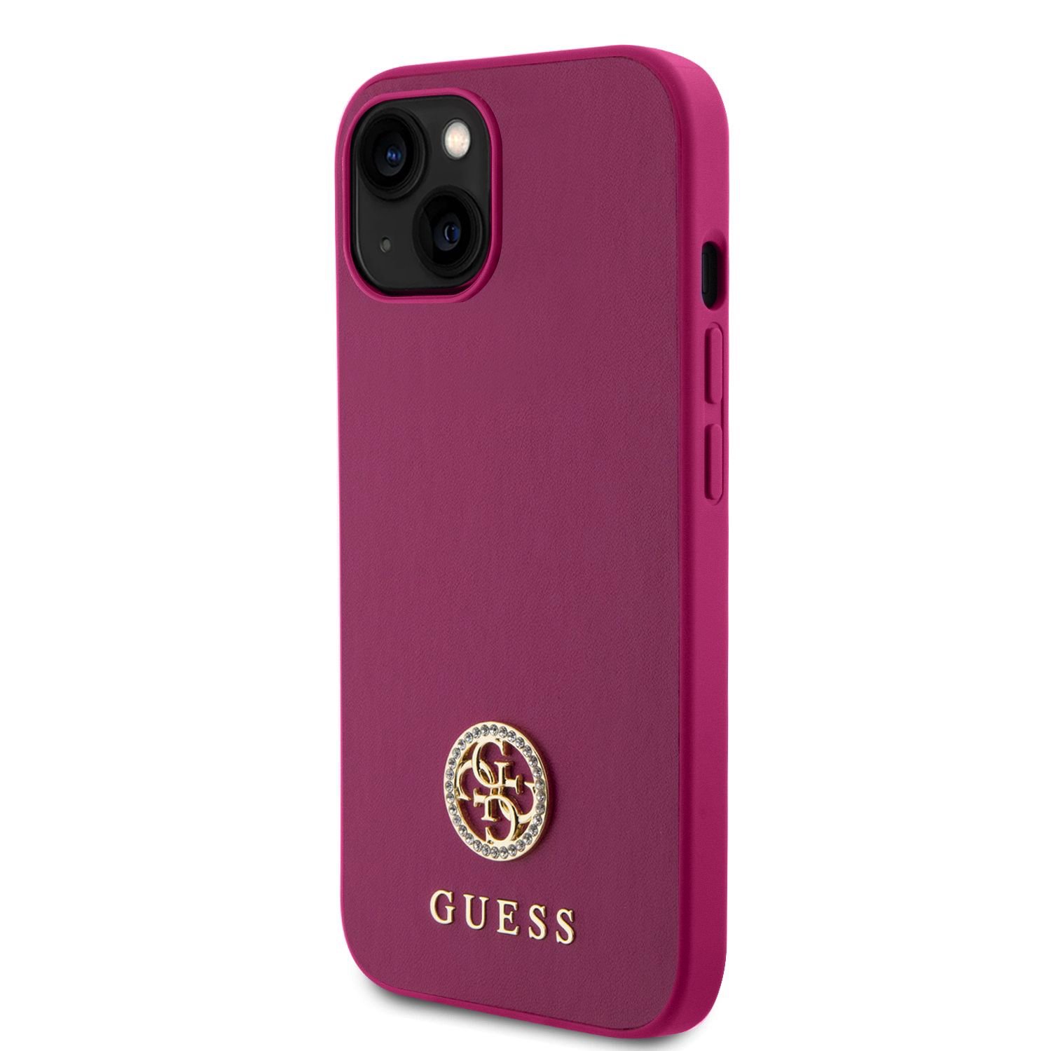 Guess PU 4G Strass Metal Logo Zadní Kryt pro iPhone 15 Pink
