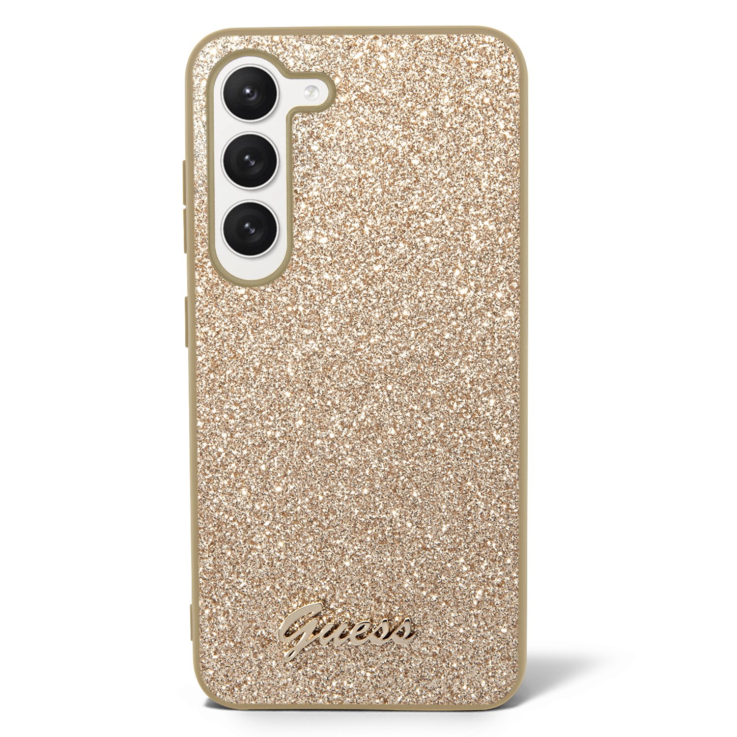 Levně Zadní kryt Guess PC/TPU Glitter Flakes Metal Logo pro Samsung Galaxy S23, zlatá