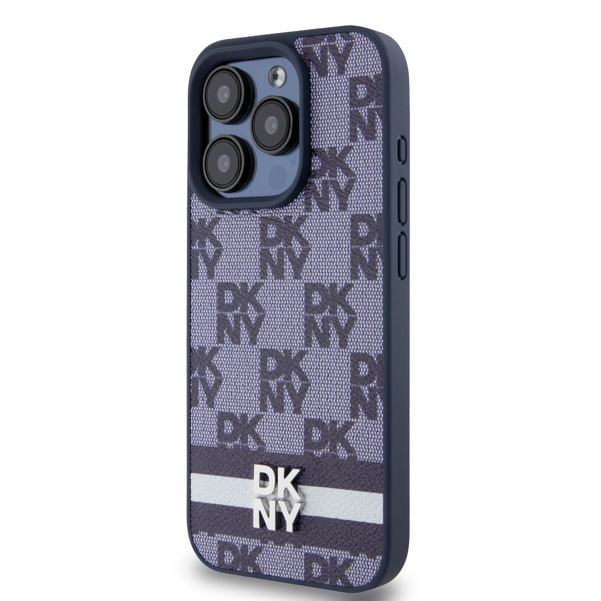 DKNY PU Leather Checkered Pattern and Stripe Zadní Kryt pro iPhone 15 Pro Blue