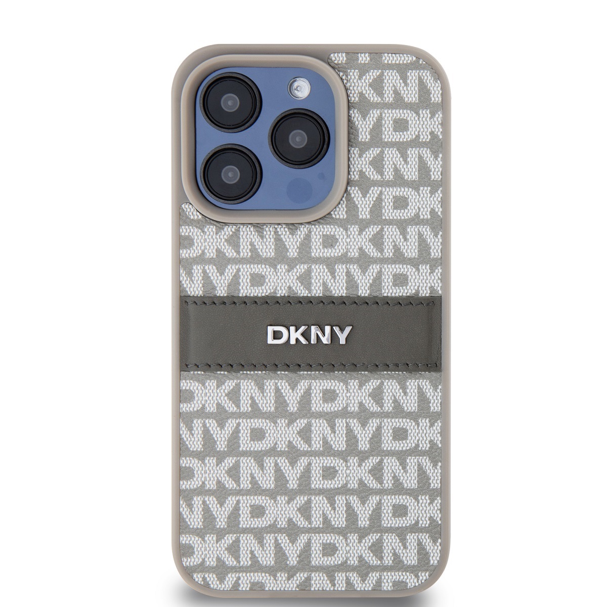 DKNY PU Leather Repeat Pattern Tonal Stripe Zadní Kryt pro iPhone 15 Pro Beige