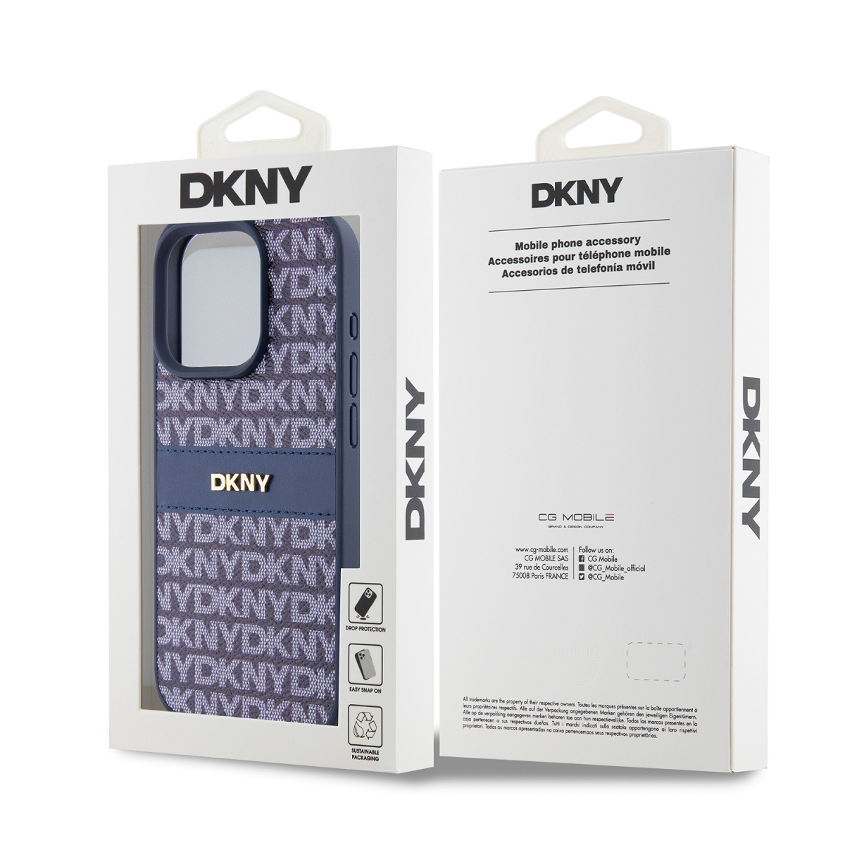 DKNY PU Leather Repeat Pattern Tonal Stripe Zadní Kryt pro iPhone 15 Pro Blue