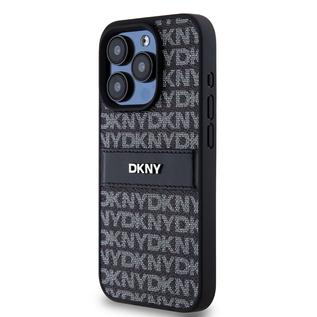 Levně Zadní kryt DKNY PU Leather Repeat Pattern Tonal Stripe pro Apple iPhone 15 Pro, černá