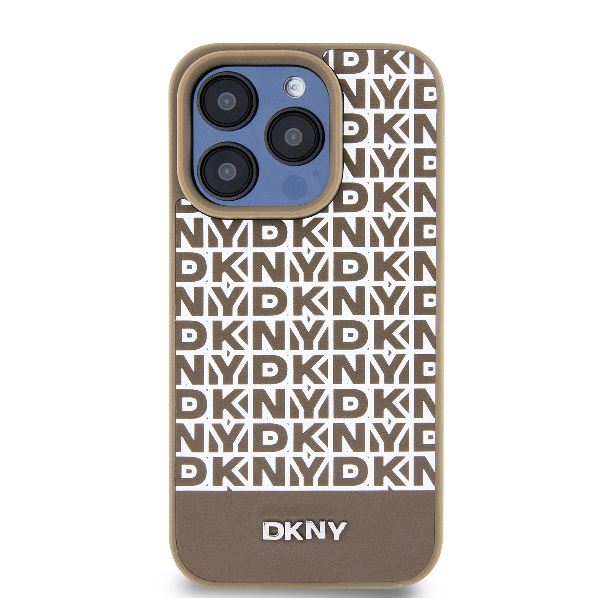 Zadní kryt DKNY PU Leather Repeat Pattern Bottom Stripe MagSafe pro Apple iPhone 15 Pro, hnědá
