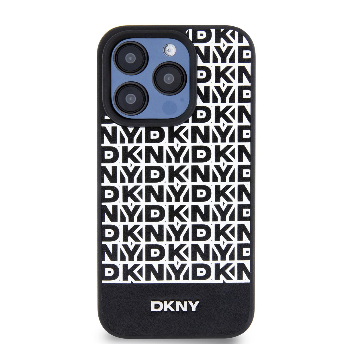 Zadní kryt DKNY PU Leather Repeat Pattern Bottom Stripe Magsafe pro Apple iPhone 15 Pro, černá