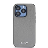 DKNY PU Leather Silver Metal Logo Magsafe Zadní Kryt pro iPhone 15 Pro Grey