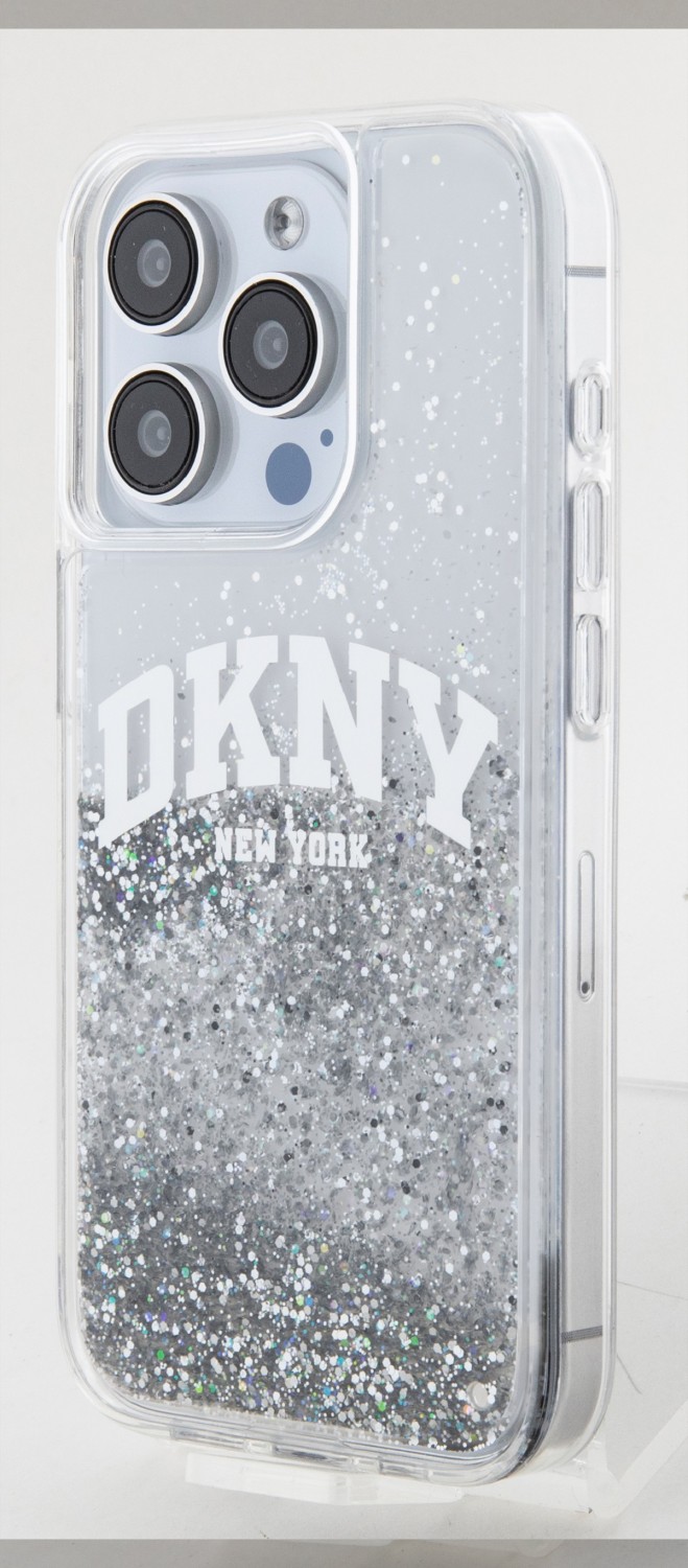 Levně Zadní kryt DKNY Liquid Glitter Arch Logo pro Apple iPhone 15 Pro, transparentní