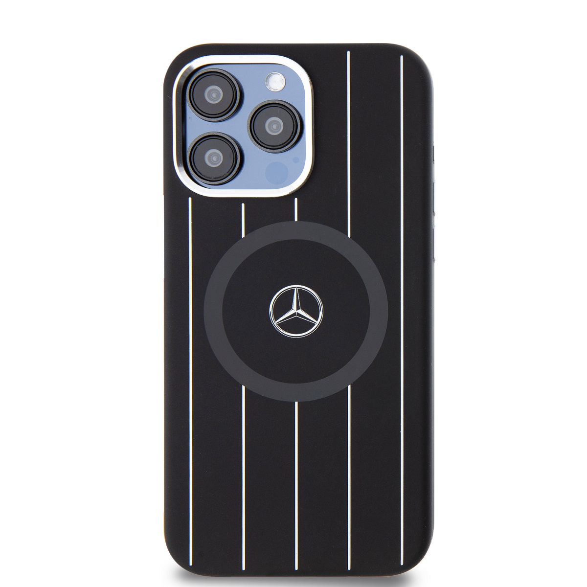 Zadní kryt Mercedes Liquid Silicon Stripes Pattern MagSafe pro Apple iPhone 15 Pro Max, černá