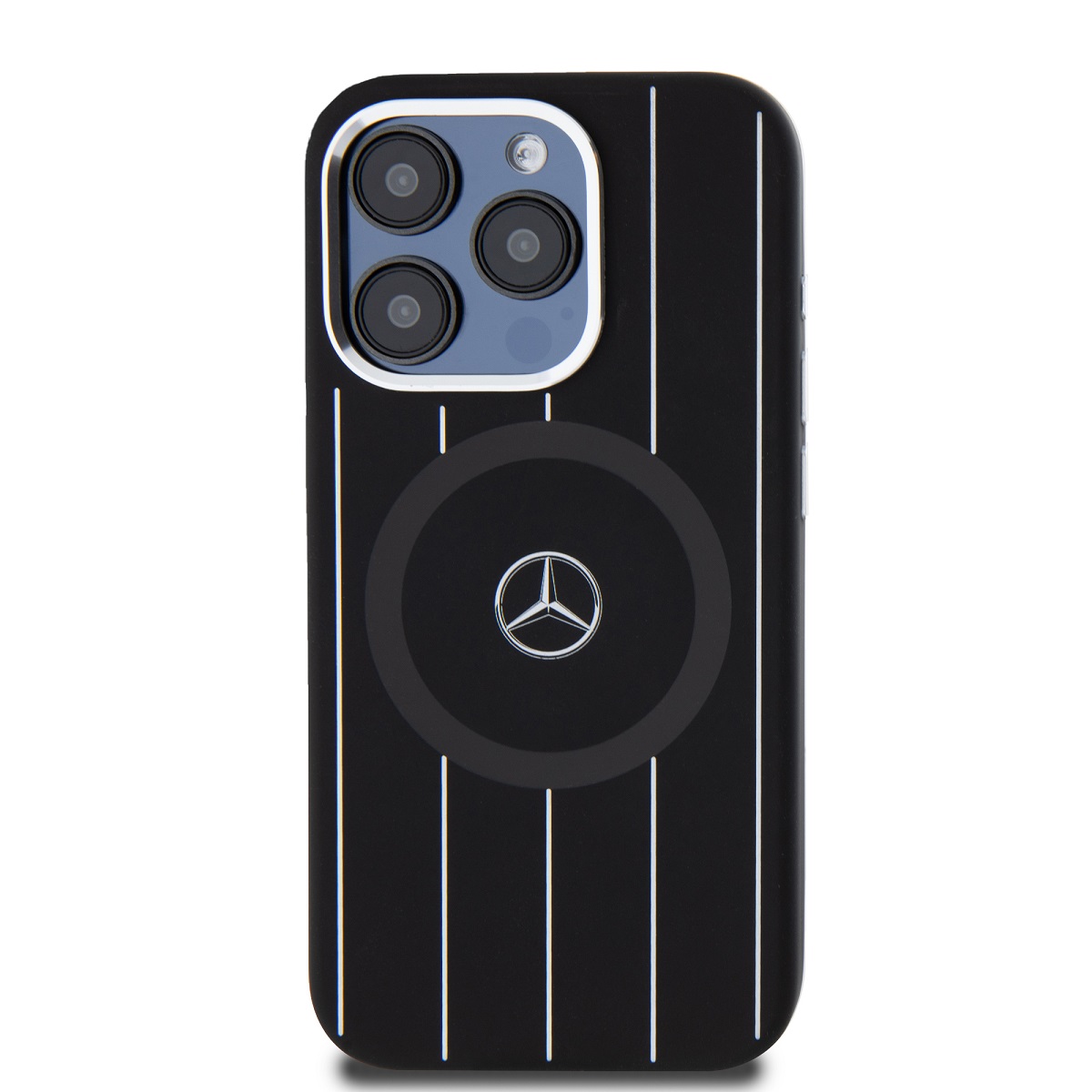Zadní kryt Mercedes Liquid Silicon Stripes Pattern MagSafe pro Apple iPhone 15 Pro, černá
