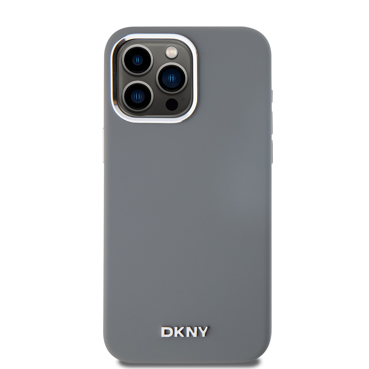 Levně Zadní kryt DKNY Liquid Silicone Silver Metal Logo Magsafe pro Apple iPhone 15 Pro Max, šedá
