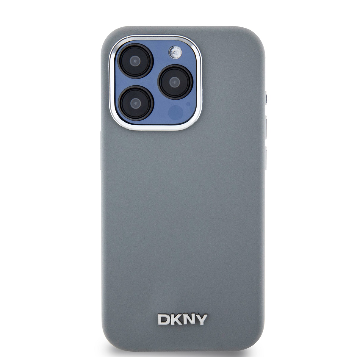 Zadní kryt DKNY Liquid Silicone Silver Metal Logo Magsafe pro Apple iPhone 15 Pro, šedá