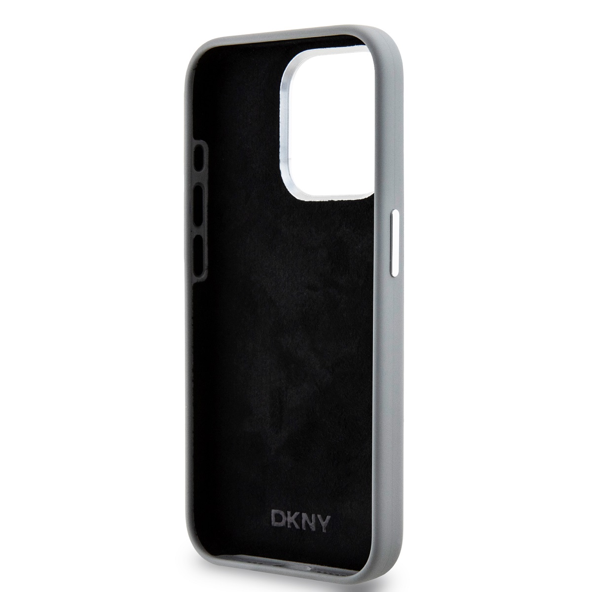 DKNY Liquid Silicone Silver Metal Logo Magsafe Zadní Kryt pro iPhone 15 Pro Grey