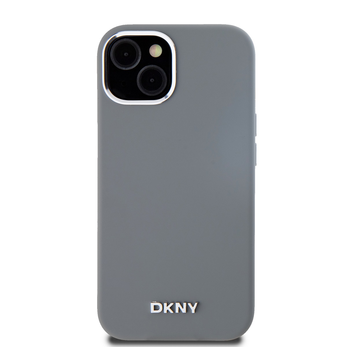 Levně Zadní kryt DKNY Liquid Silicone Silver Metal Logo Magsafe pro Apple iPhone 15, šedá