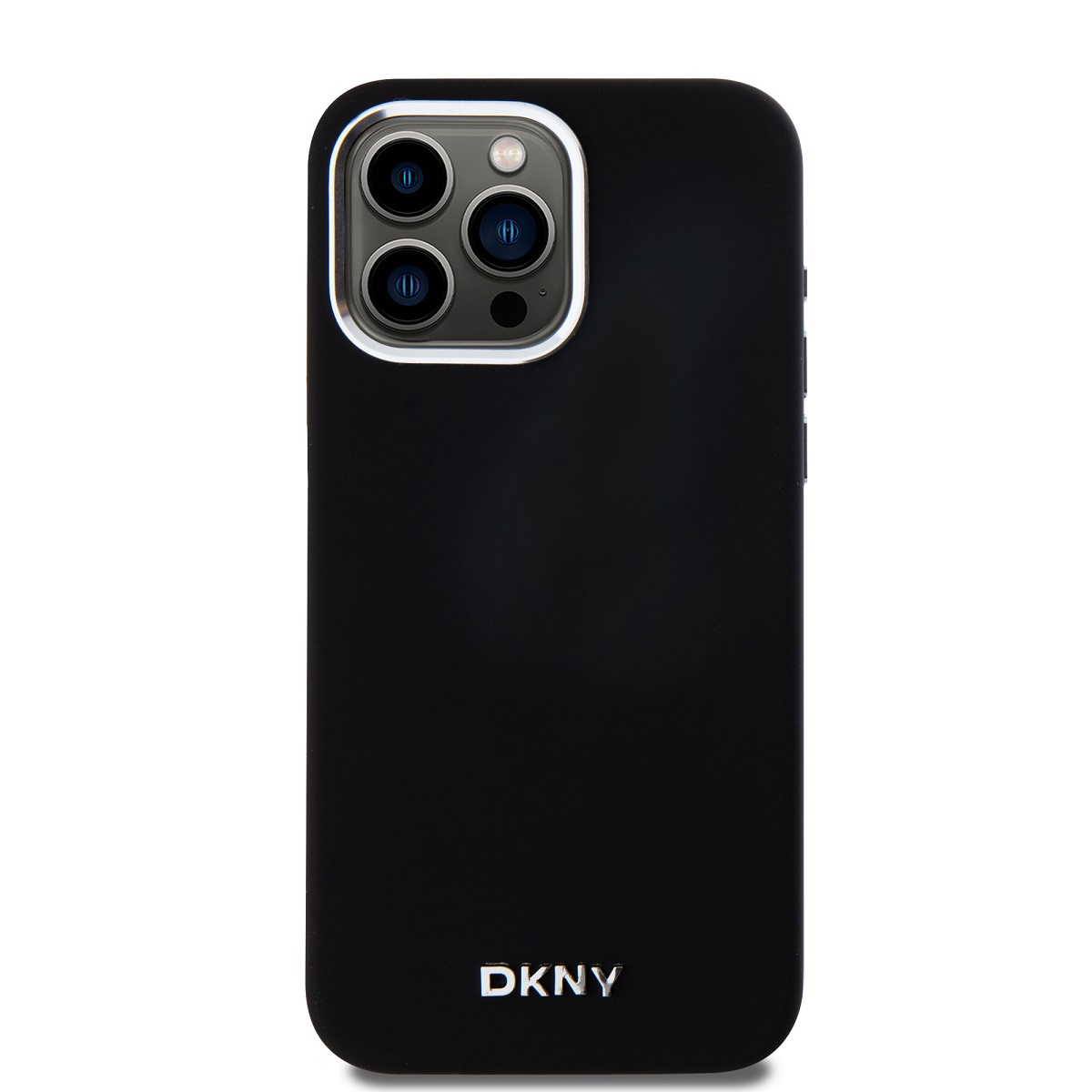 Levně Zadní kryt DKNY Liquid Silicone Silver Metal Logo Magsafe pro Apple iPhone 15 Pro Max, černá