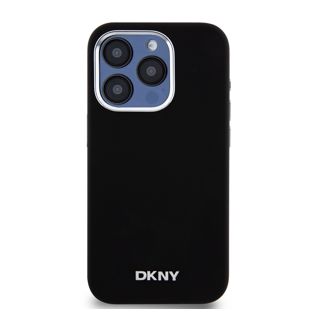 Levně Zadní kryt DKNY Liquid Silicone Silver Metal Logo Magsafe pro Apple iPhone 15 Pro, černá