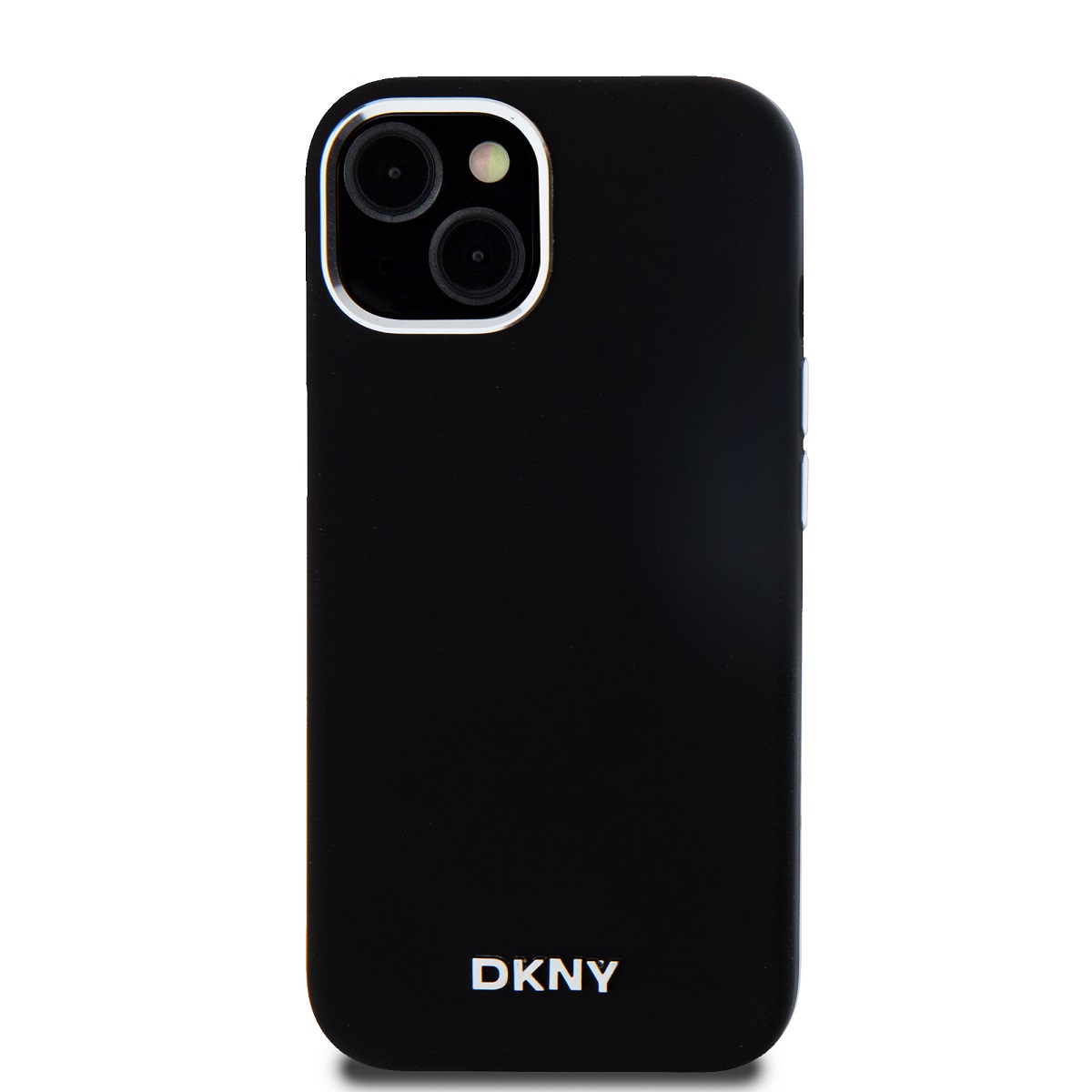 Levně Zadní kryt DKNY Liquid Silicone Silver Metal Logo Magsafe pro Apple iPhone 15, černá