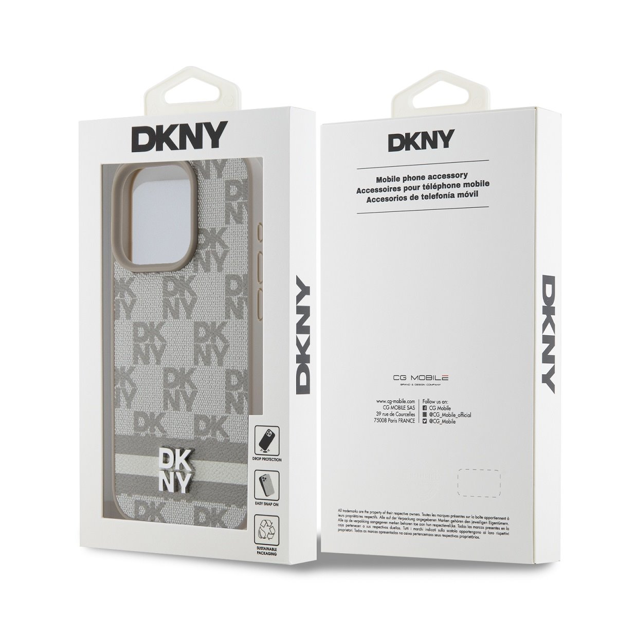 DKNY PU Leather Checkered Pattern and Stripe Zadní Kryt pro iPhone 15 Pro Max Beige