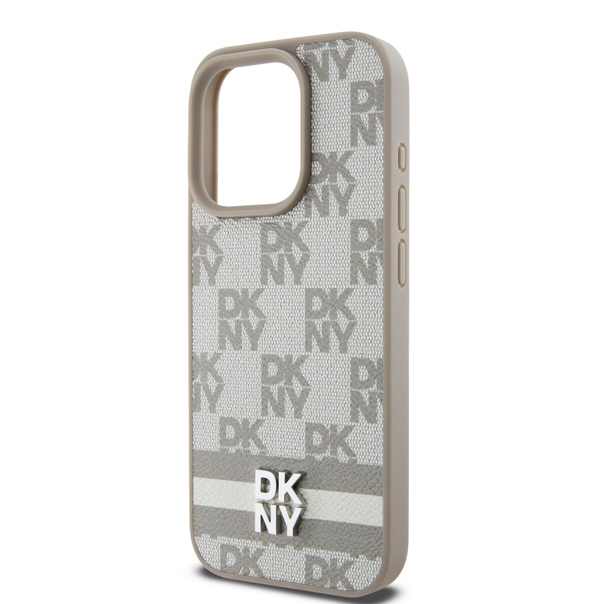 DKNY PU Leather Checkered Pattern and Stripe Zadní Kryt pro iPhone 14 Pro Max Beige