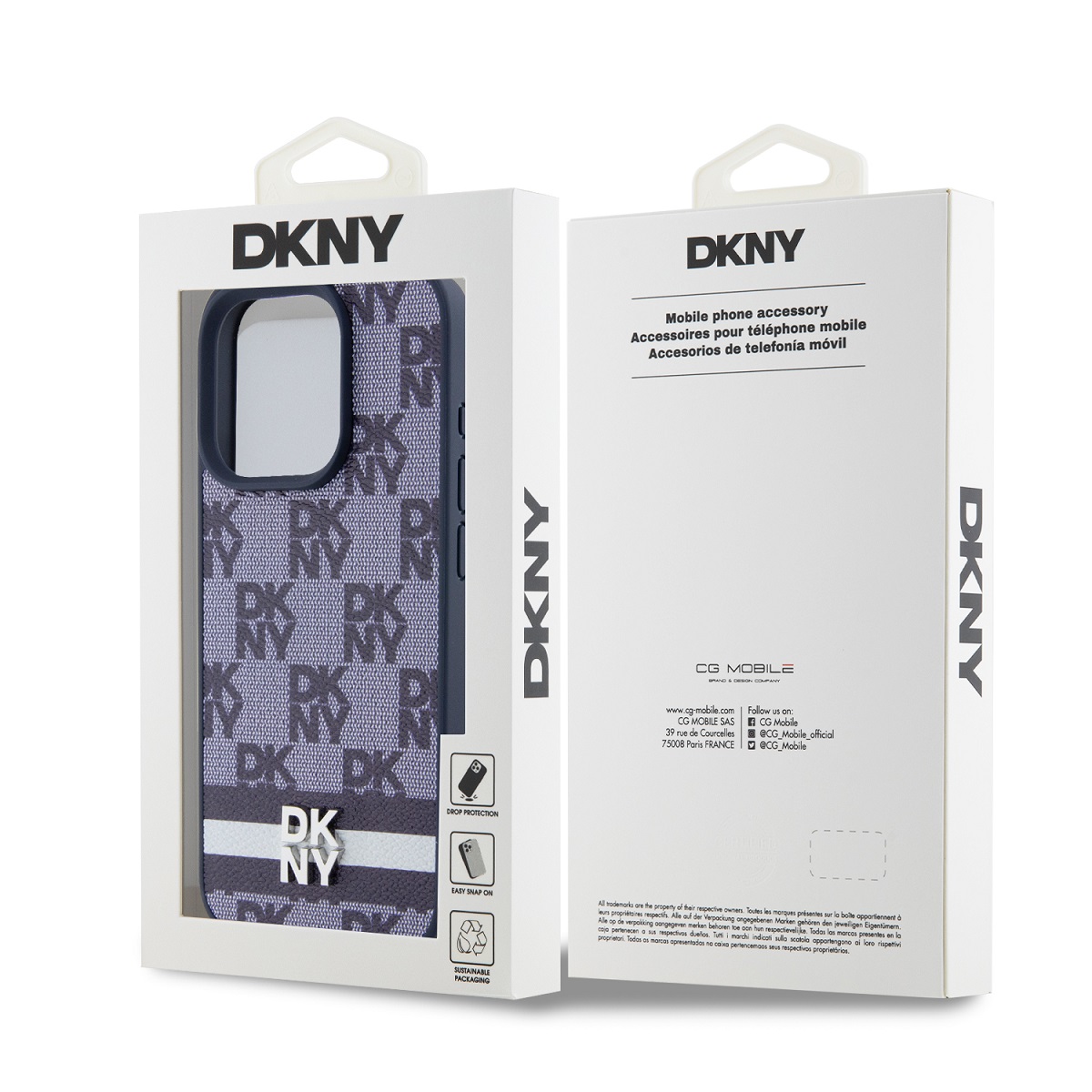 DKNY PU Leather Checkered Pattern and Stripe Zadní Kryt pro iPhone 15 Pro Max Blue